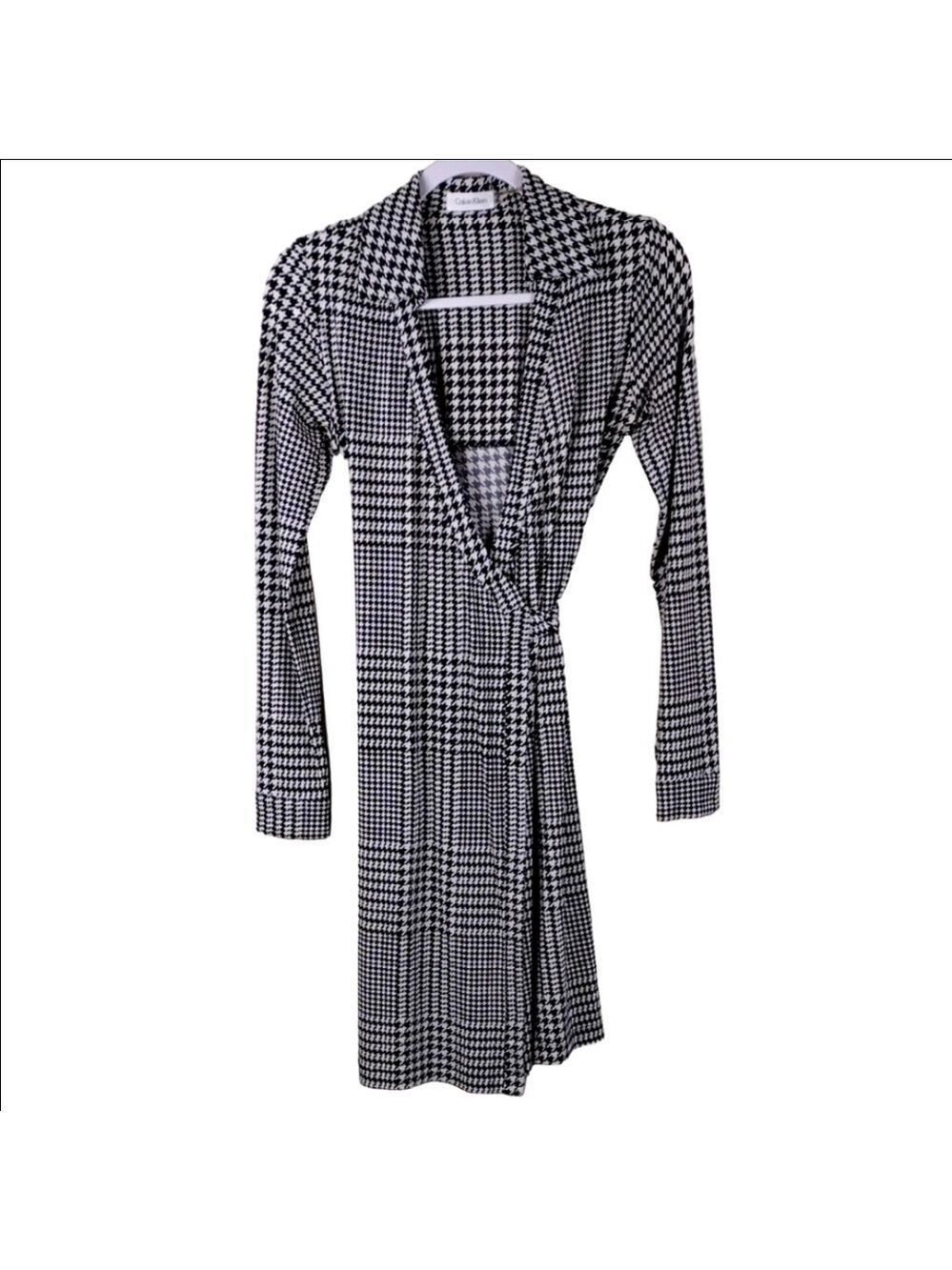 Calvin Klein Black White Houndstooth V-Neck Point Collar Long Sleeve Wrap Dress
